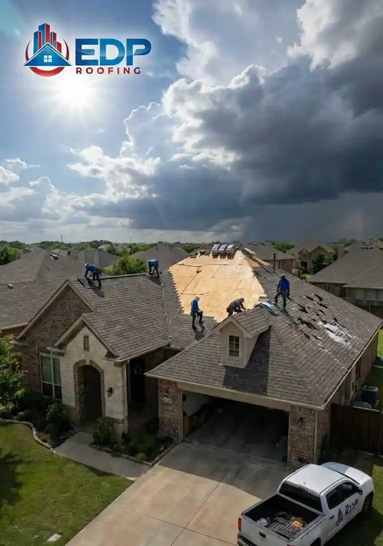 edp-residential-crew-on-dallas-roof-repairing-hail-wind-damage Illustration of EDP crew repairing Dallas roof after wind and hail