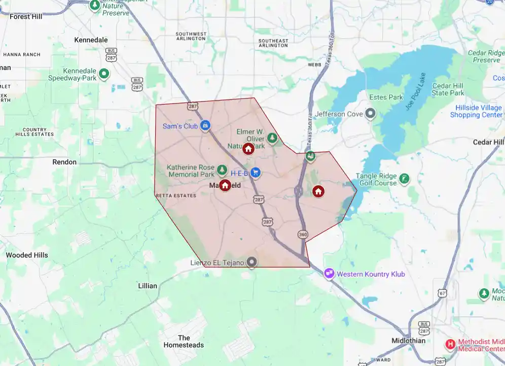 mansfield-tx-projects-edp-roofing Map of EDP Roofing forensic hail restoration projects in Mansfield TX, serving Walnut Creek and Mansfield National.